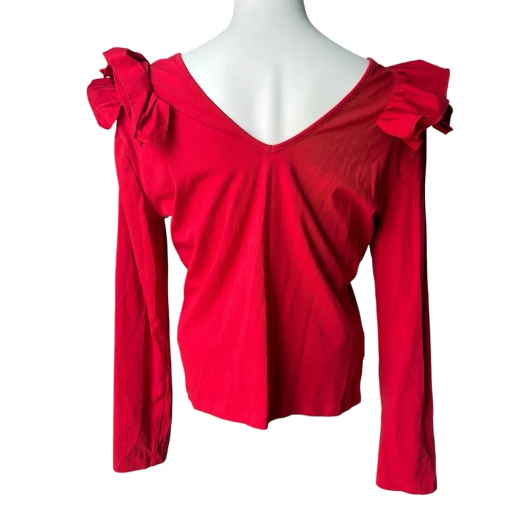Drew Red V-Neck Shoulder Ruffle Long Sleeve Shirt, Sz L - Image 2