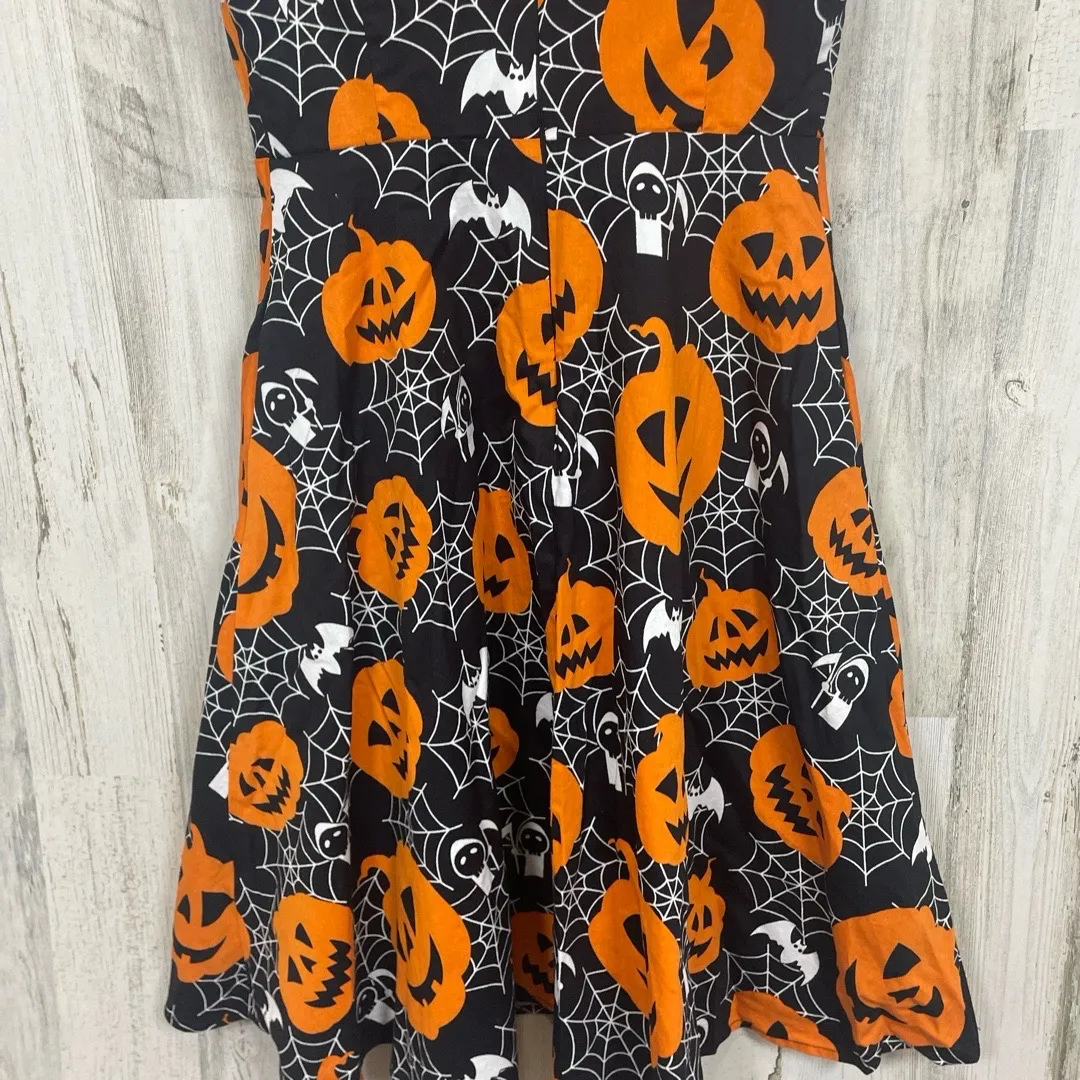 Hanpceirs Fit Halloween Print Fit And Flare Dress sz XS Black Orange Pinup Retro - Image 8