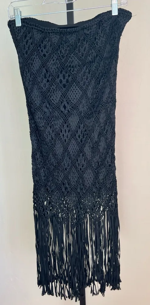 Polo Ralph Lauren Black Crochet Macrame Fringe Skirt Small - Image 1
