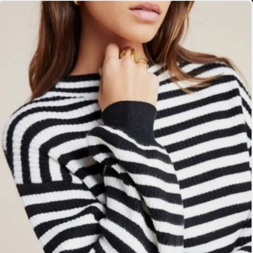Anthropologie Sydney balloon-sleeved striped sweater sz L black white - Image 2