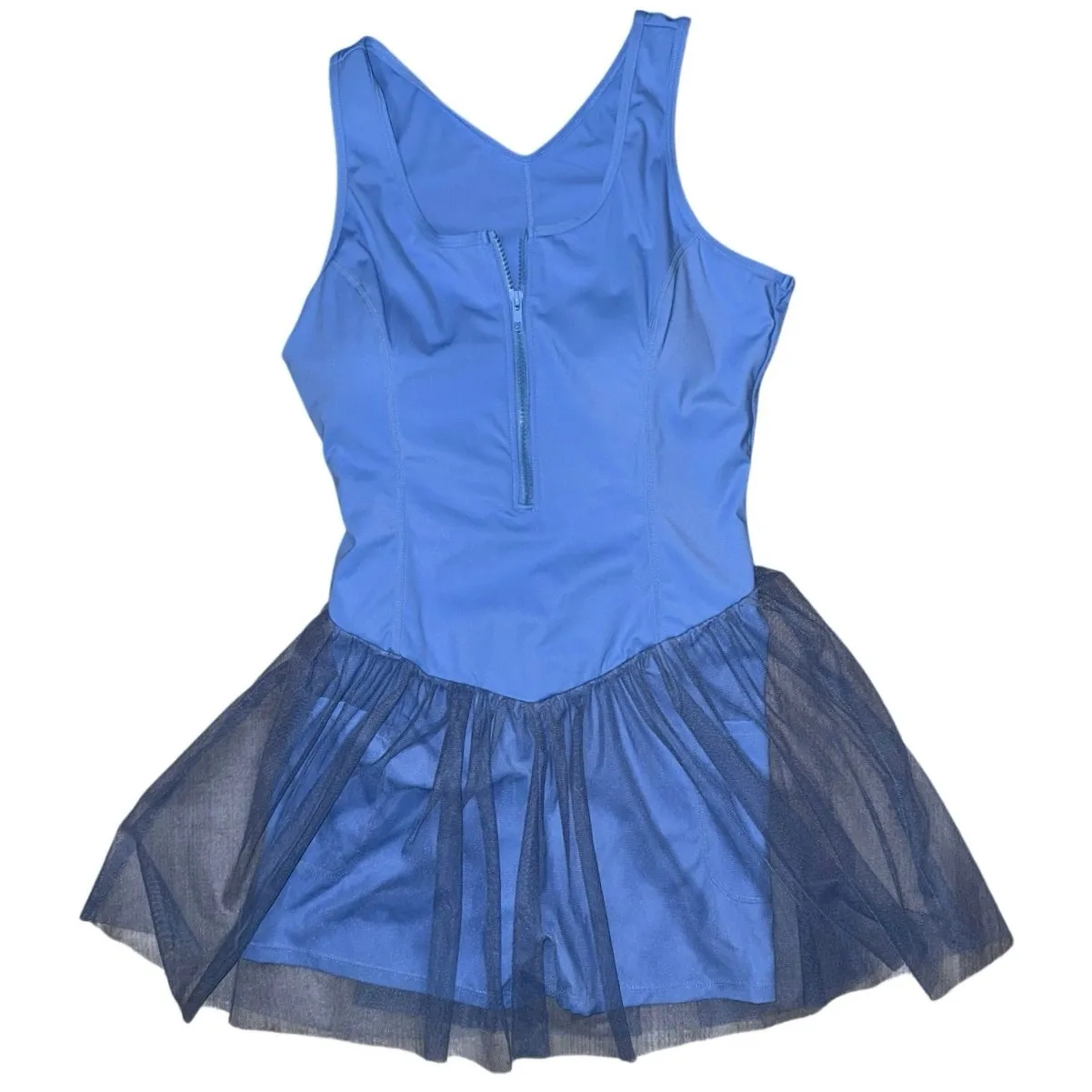 sleeveless blue romper athletic dress with a mesh skirt overlay front zip large - Image 3