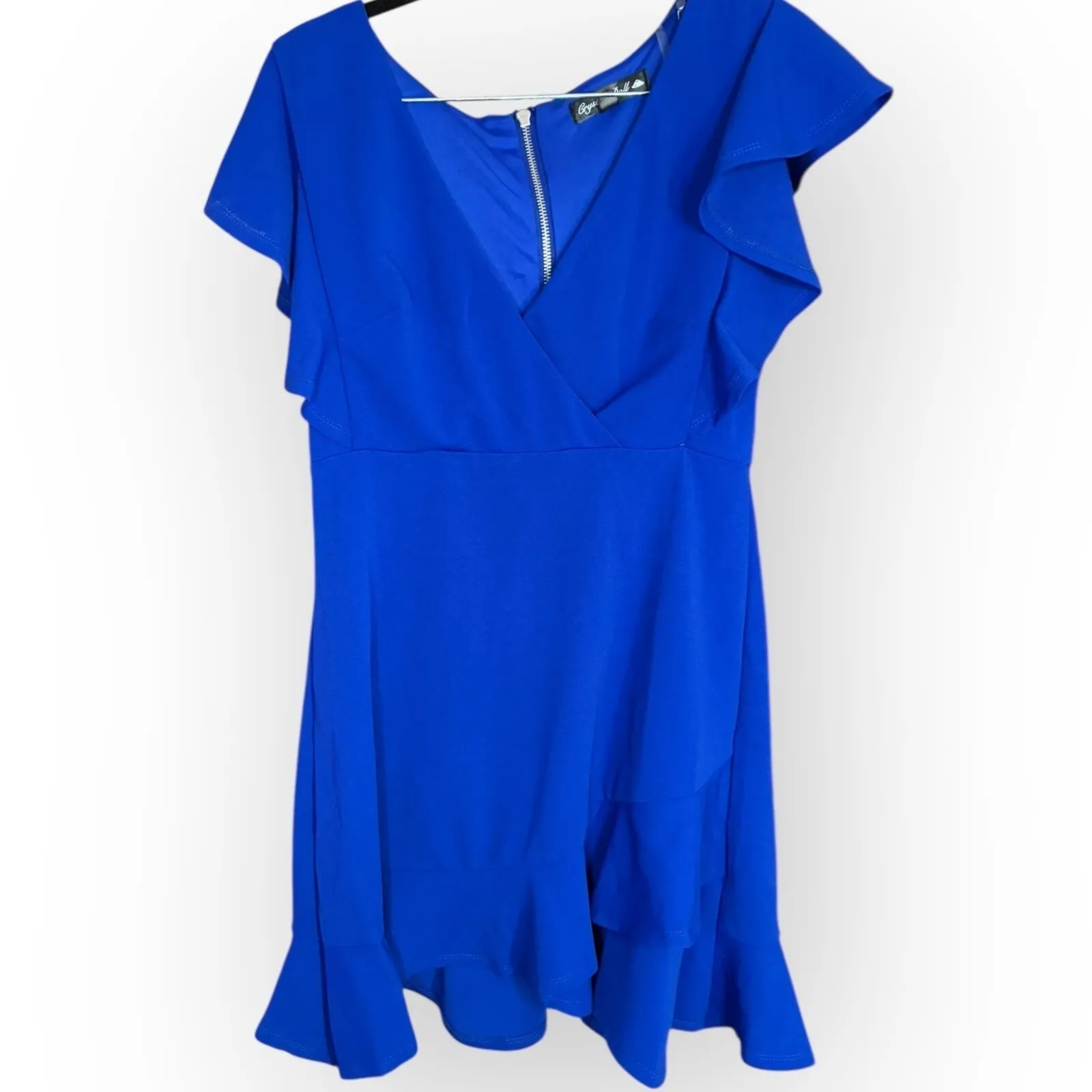 Crystal Doll Blue V Neck Ruffle Sleeve A Line Mini Dress M Back Zip Cocktail - Image 2