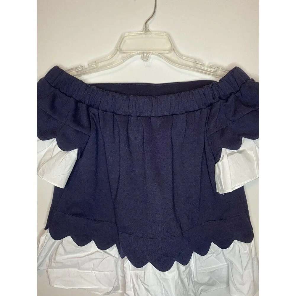 Sugar Lips Off The Shoulder Top Small Navy White Short Sleeve Ruffle Blouse XS - Image 4