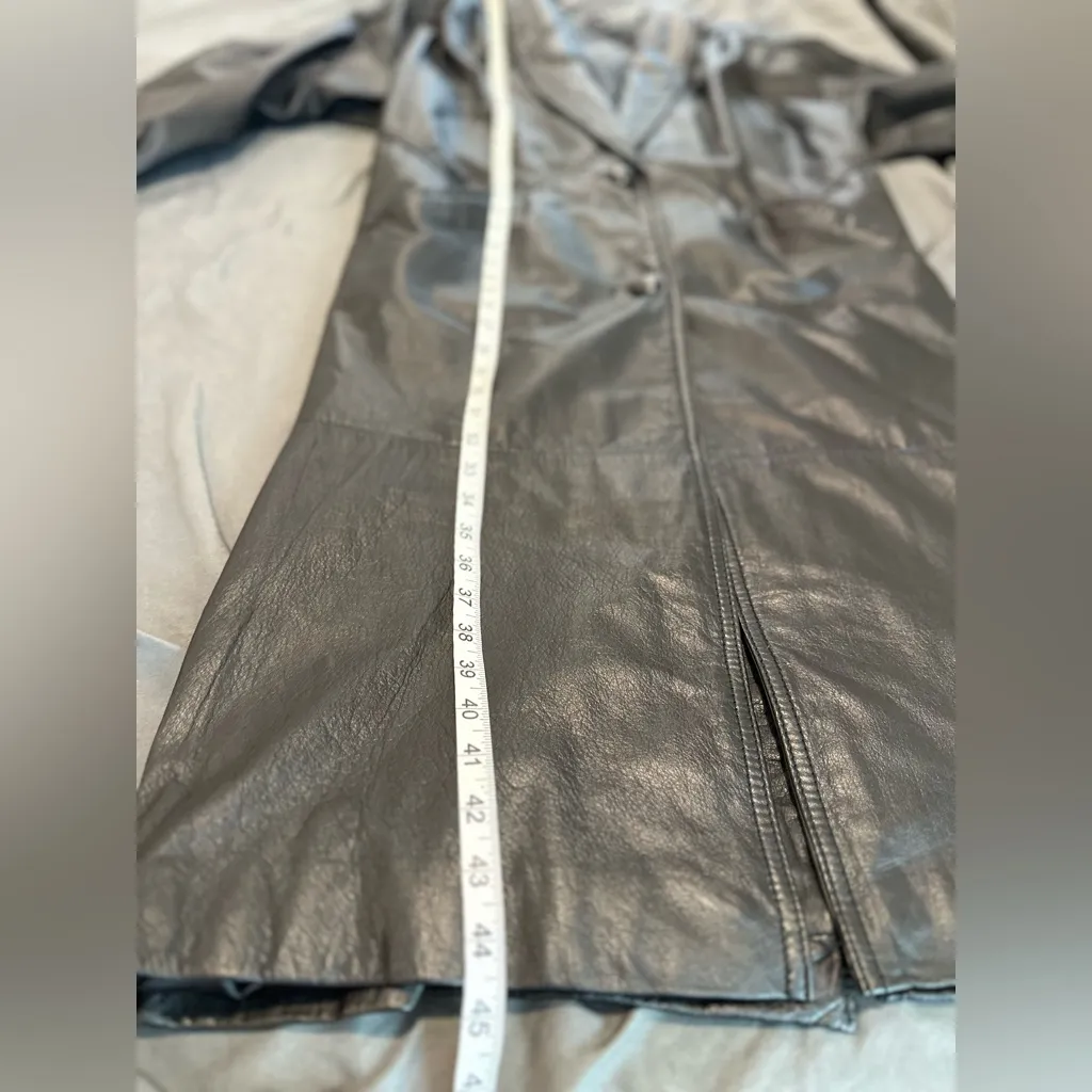 Vintage 90s Jacqueline Ferrar Sz: S Black Leather Button Up Long Trench Coat. - Image 4