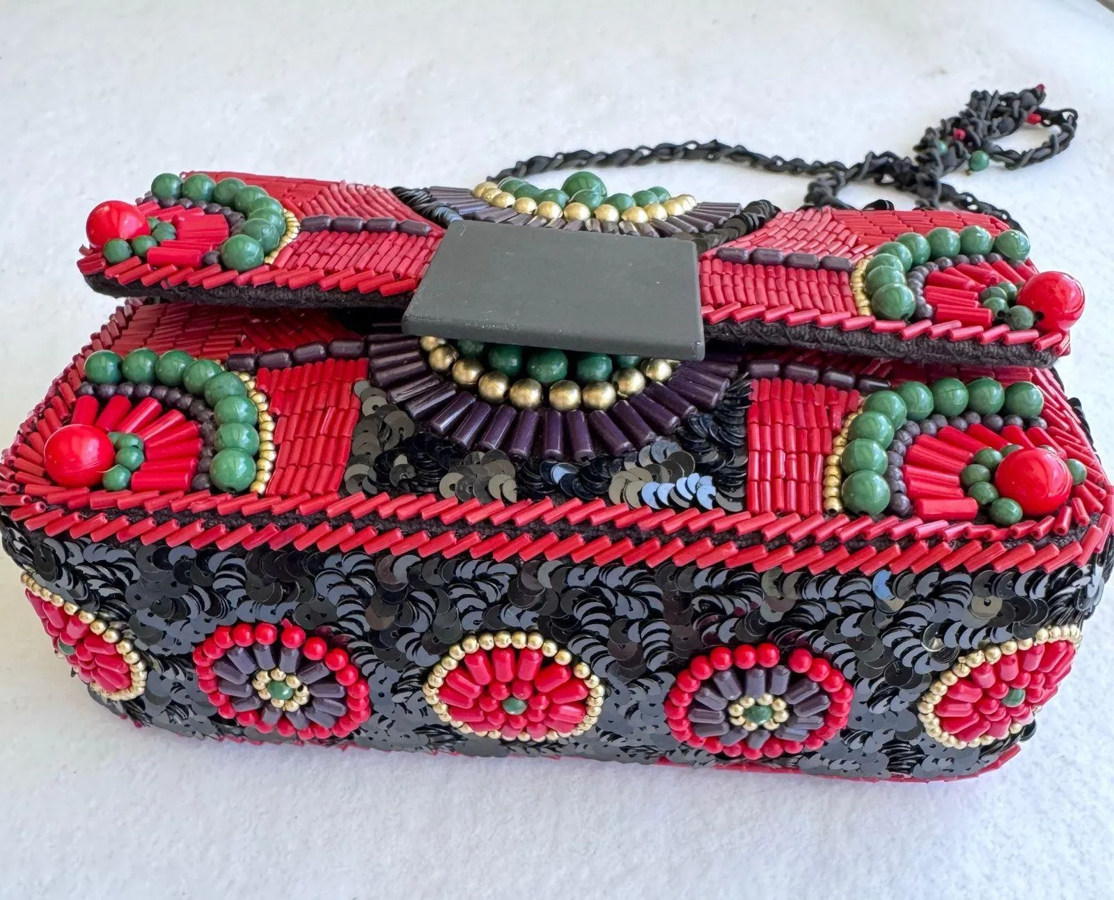 Purificación García Beaded Crossbody Clutch Red Green Boho Statement Bag Black - Image 14