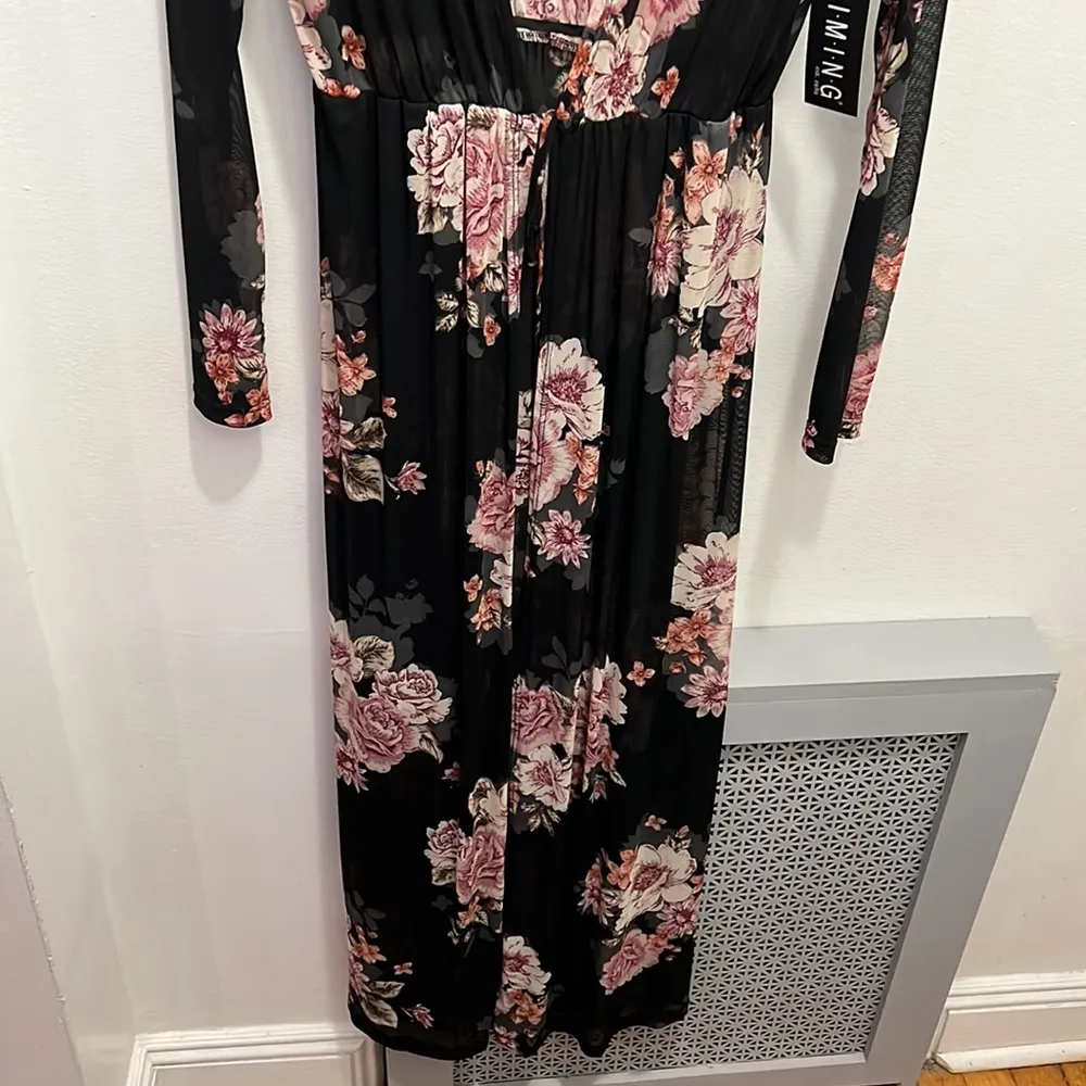 Agaci black floral sheer long sleeve maxi tie waist cover up size large - Image 2