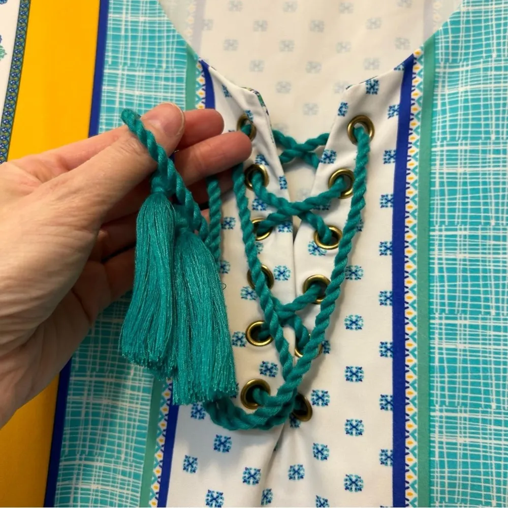 Cabana Life Dress 3/4 Sleeve Lace Up Top Tassel Blue Yellow Green Paisley Large - Image 5