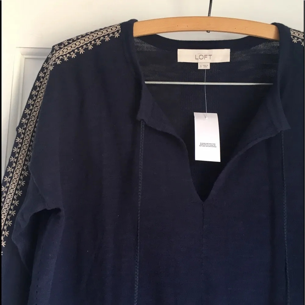 LOFT 3/4 Sleeve Tie Front Navy Blue Boho Lightweight Tunic Sweater Knit Top - Image 5