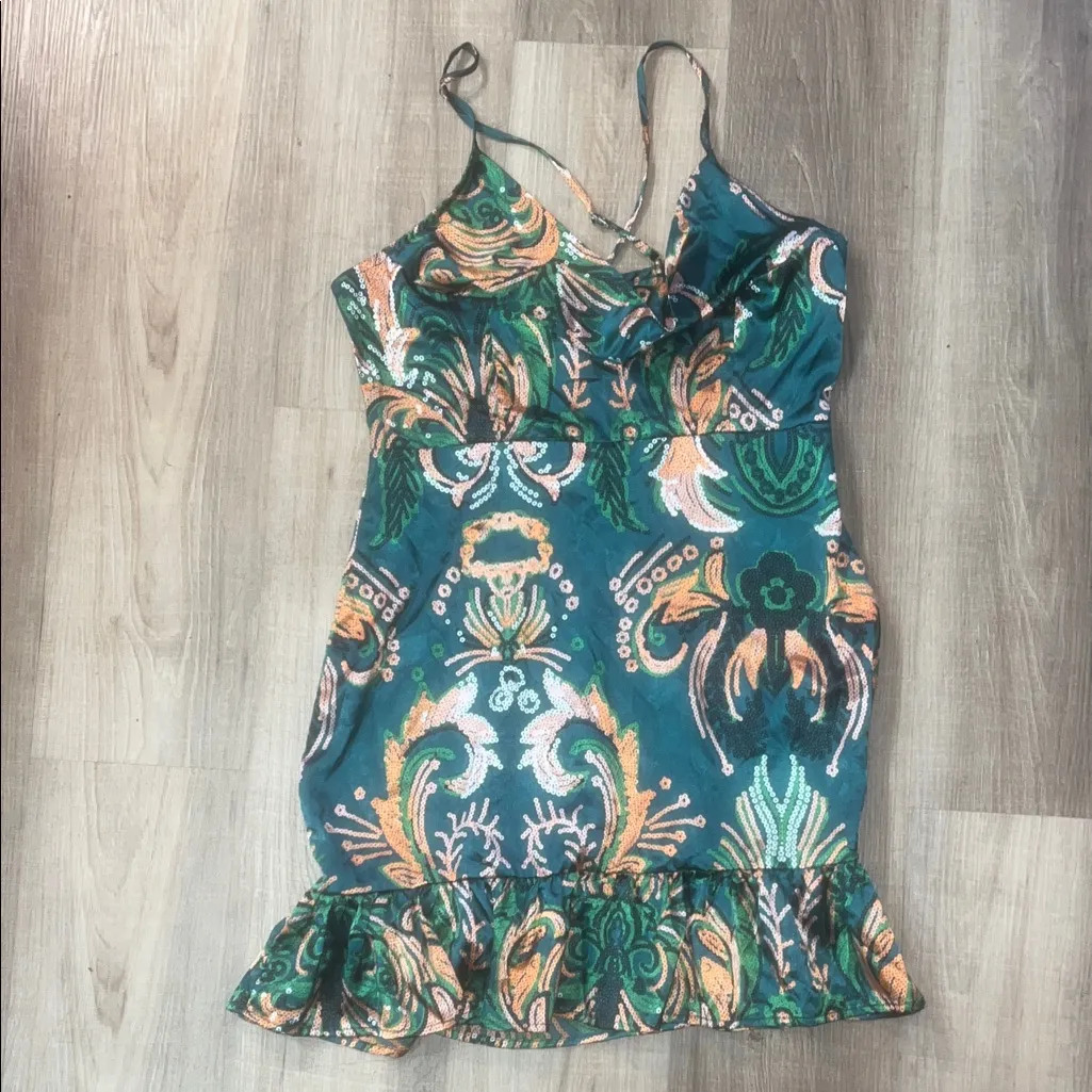 Floral Patterned Dress with Ruffle Hem Green Size L - Image 2