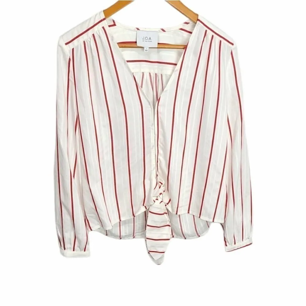 J.O.A Tie Up Front Long Sleeve Stripped Blouse S - Image 2