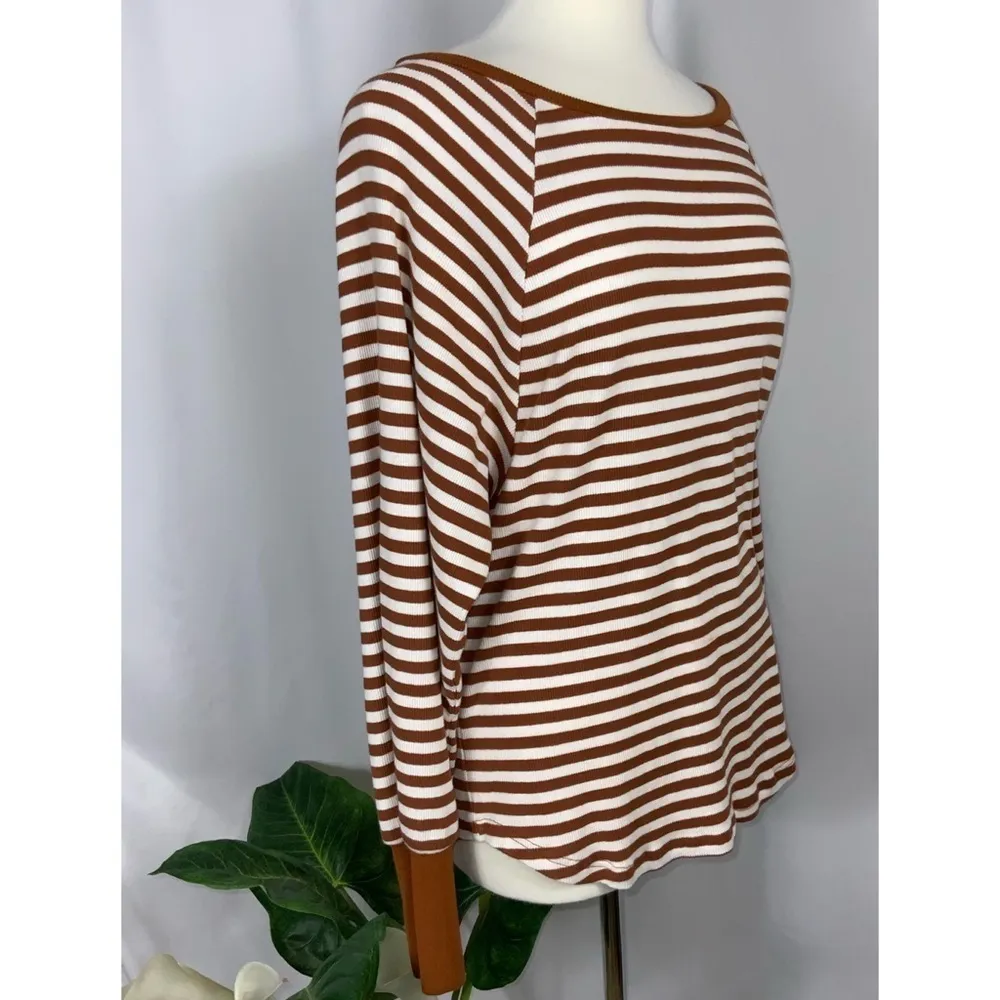 Kori America Burnt Orange White Stripe Knit Round Neck Long Sleeves S - Image 5