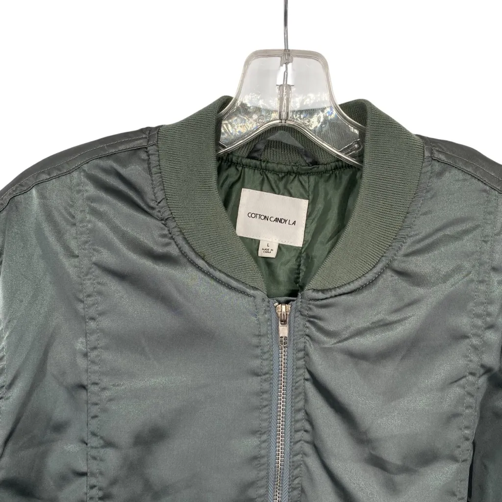 Cotton Candy LA Olive Green Satin Bomber Jacket Size L - Image 4