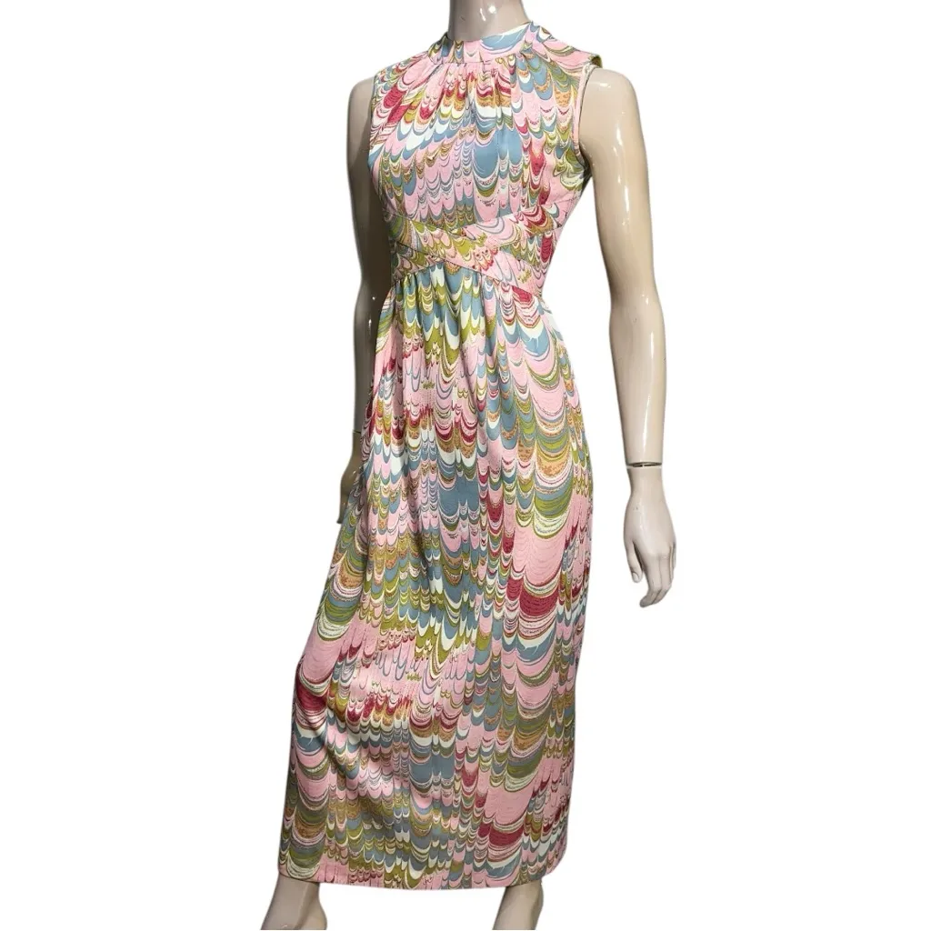 Leslie Fay Vintage 60’s 70’s Womens 4 6 Psychedelic Marbled Pink Blue Maxi Dress - Image 3