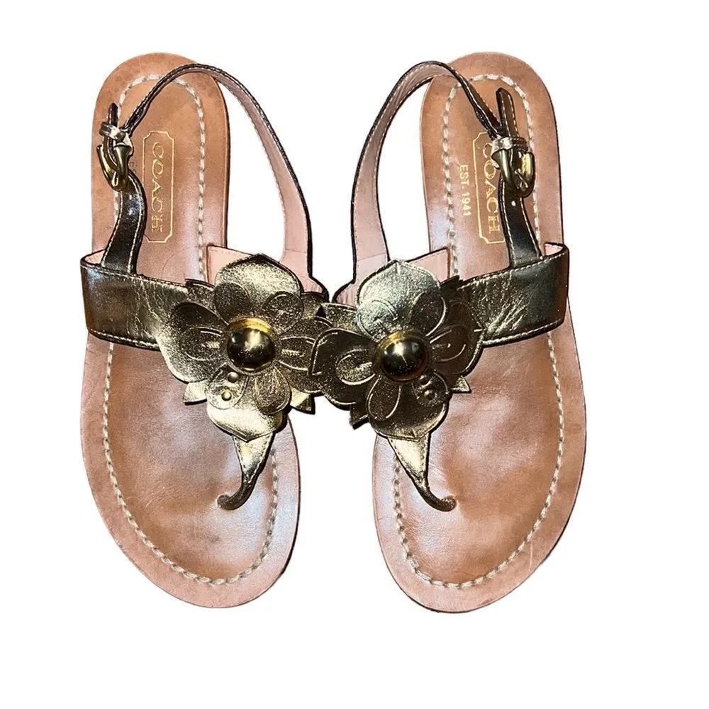 Coach Gold Leather Thong Sandals Size 6 B - Image 2