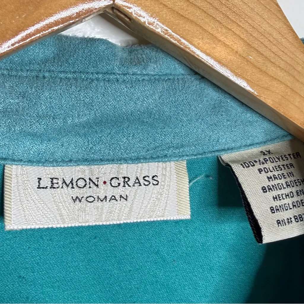 Lemon Grass Woman Button Down Shirt Faux Suede Size 2X Paisley V Neck Blue - Image 3