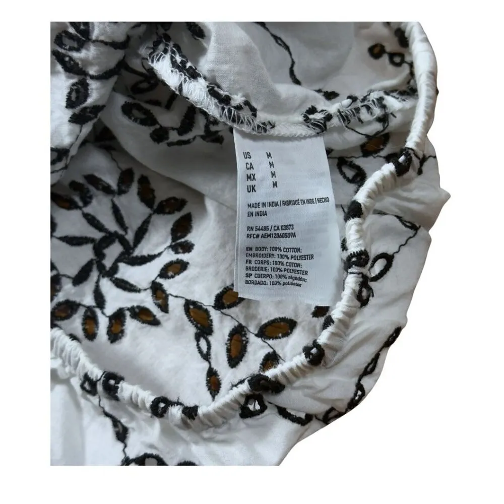 American Eagle White Crop Top Black Embroidered Flowers Cotton Medium Cottage - Image 6
