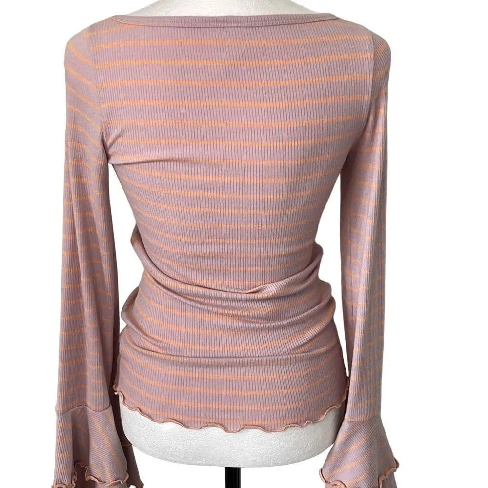 We the Free People Women’s Top Size XS Lavender Peach Striped Ruffled Bell Sleev - Image 6