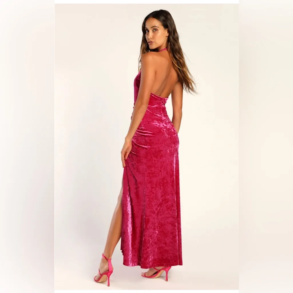 NWT LULUS Alluring Elegance Hot Pink Crushed Velvet Halter Maxi Dress Pink XS - Image 4
