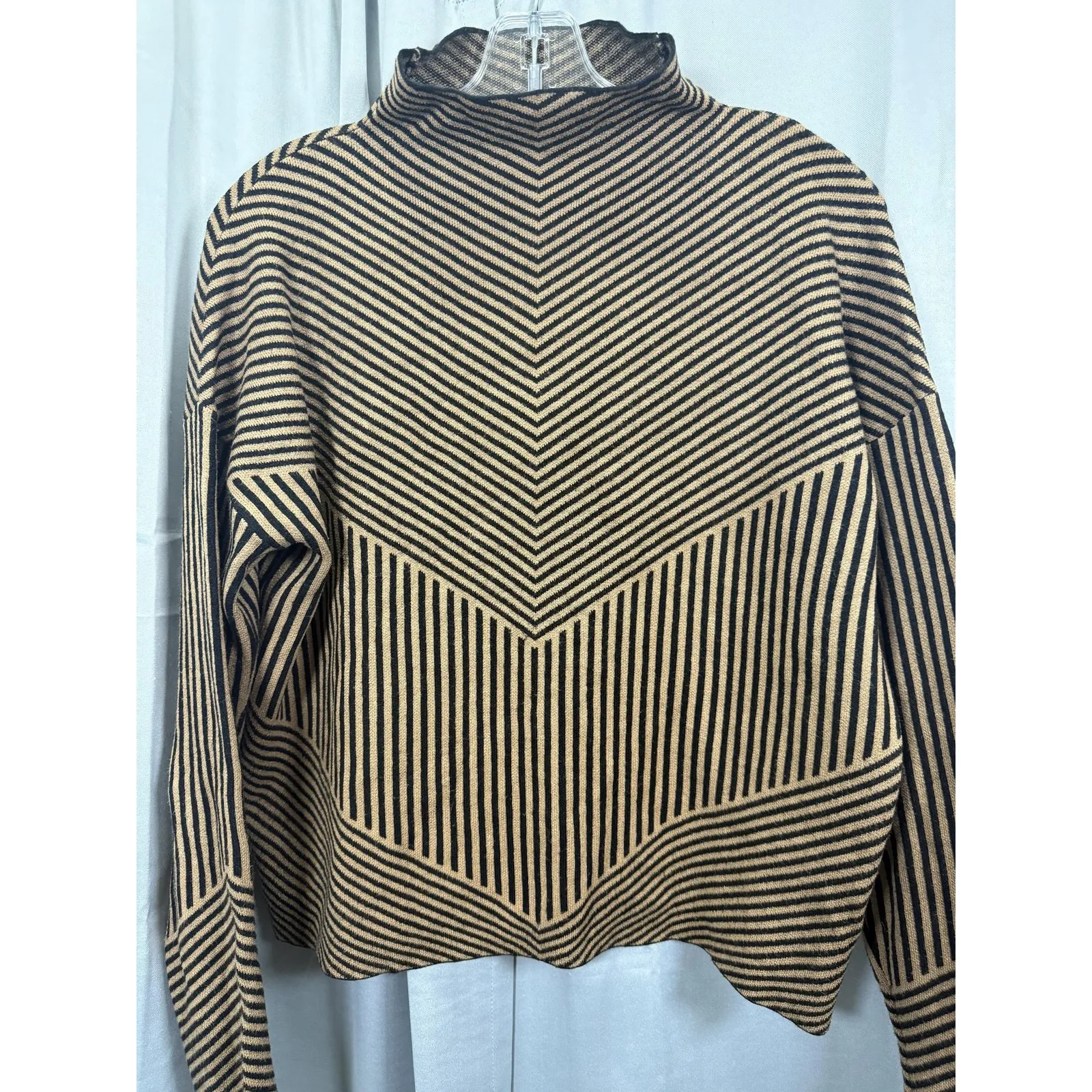 Tahari Sweater Womens Large Camel Black Chevron Striped Mock Neck Pullover Knit - Image 2