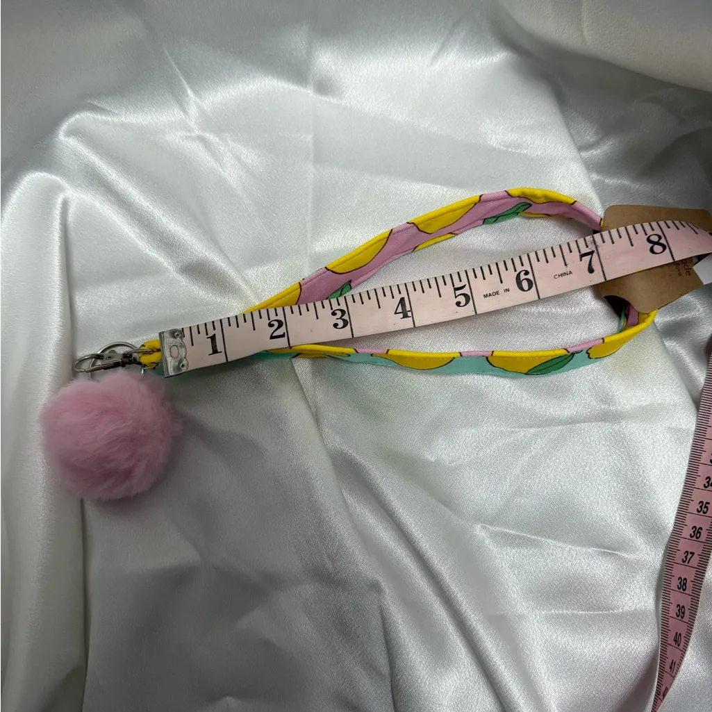 Handmade Colorful Lemon Wristlet Keychain with Light Pink Pompom - Image 3