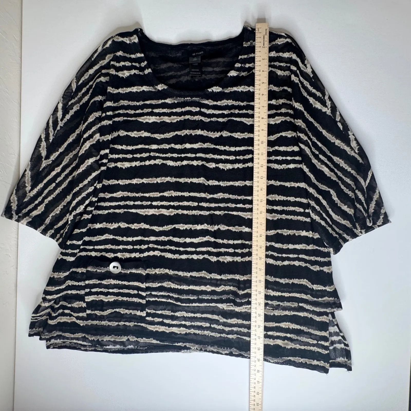NWT Ali Miles Mesh Tunic Blouse Size 1X Black Stripe Button Back Artsy Lagenlook - Image 9