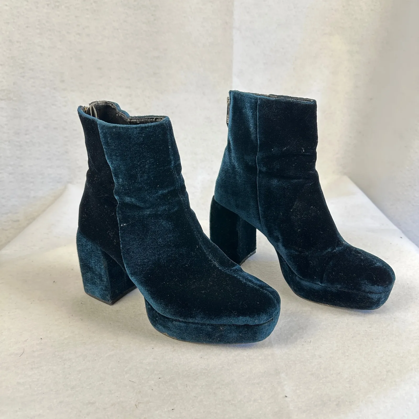 ZARA TRF Teal Velvet Platform Block Heel Ankle Boots Womens‎ 36 Goth Festival Blue Size 5 - Image 3