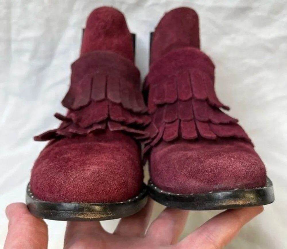 Freda Salvador Burgundy Suede Fringe Chelsea Western Buckle Ankle Boots size 7 Red - Image 6