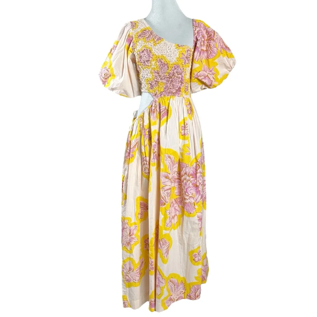 Free People Kalina Printed Midi Dress Lilac Small Floral Bubble Sleeve Cut Out - Image 7