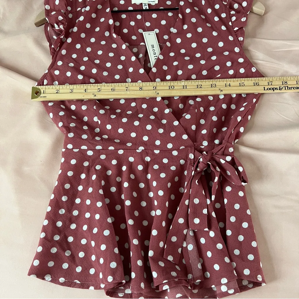 Monteau Pink Polka Dot Ruffle Cap Sleeve Faux Wrap V-Neck Tie Waist Blouse M‎ - Image 13