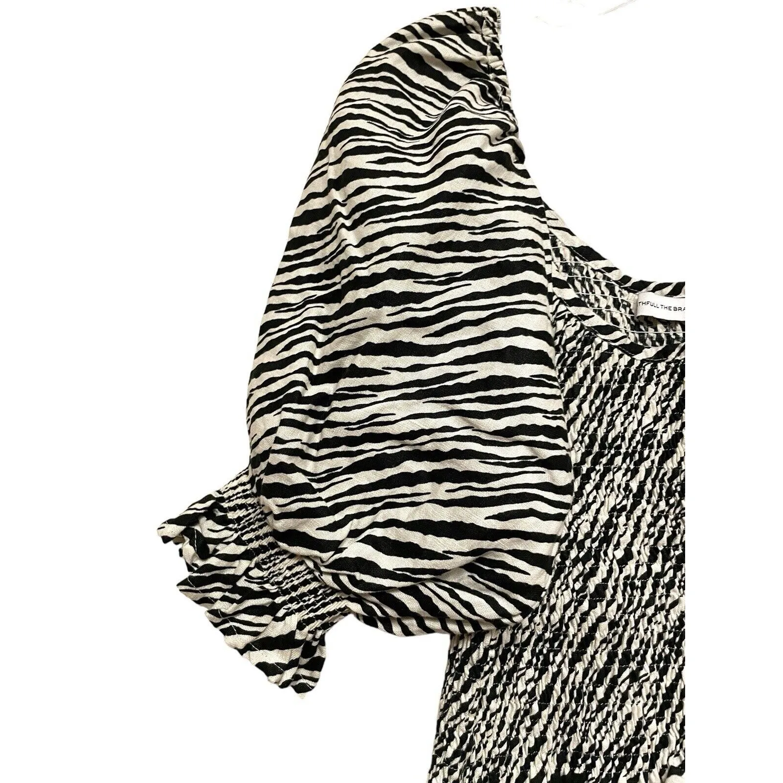 Faithfull The Brand Tani Smocked Linen Blouse Size 8 Zebra Puff‎ Sleeve Ruffle - Image 6