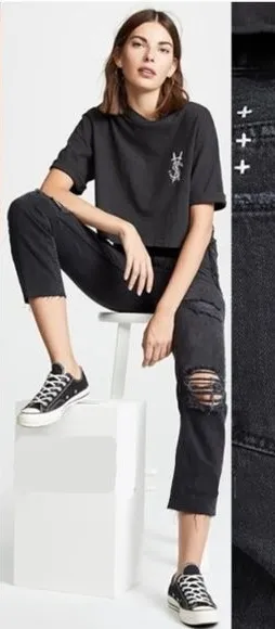 KSUBI ++ Chlo Wasted Caster Oil Black Ripped High Rise Straight Leg Boho 24 - Image 1