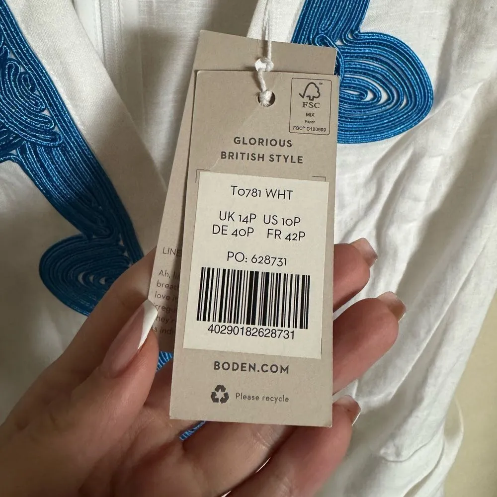 Boden Linen Romper Playsuit Sz 10 P White Moroccan Blue Applique Embroidered New - Image 4