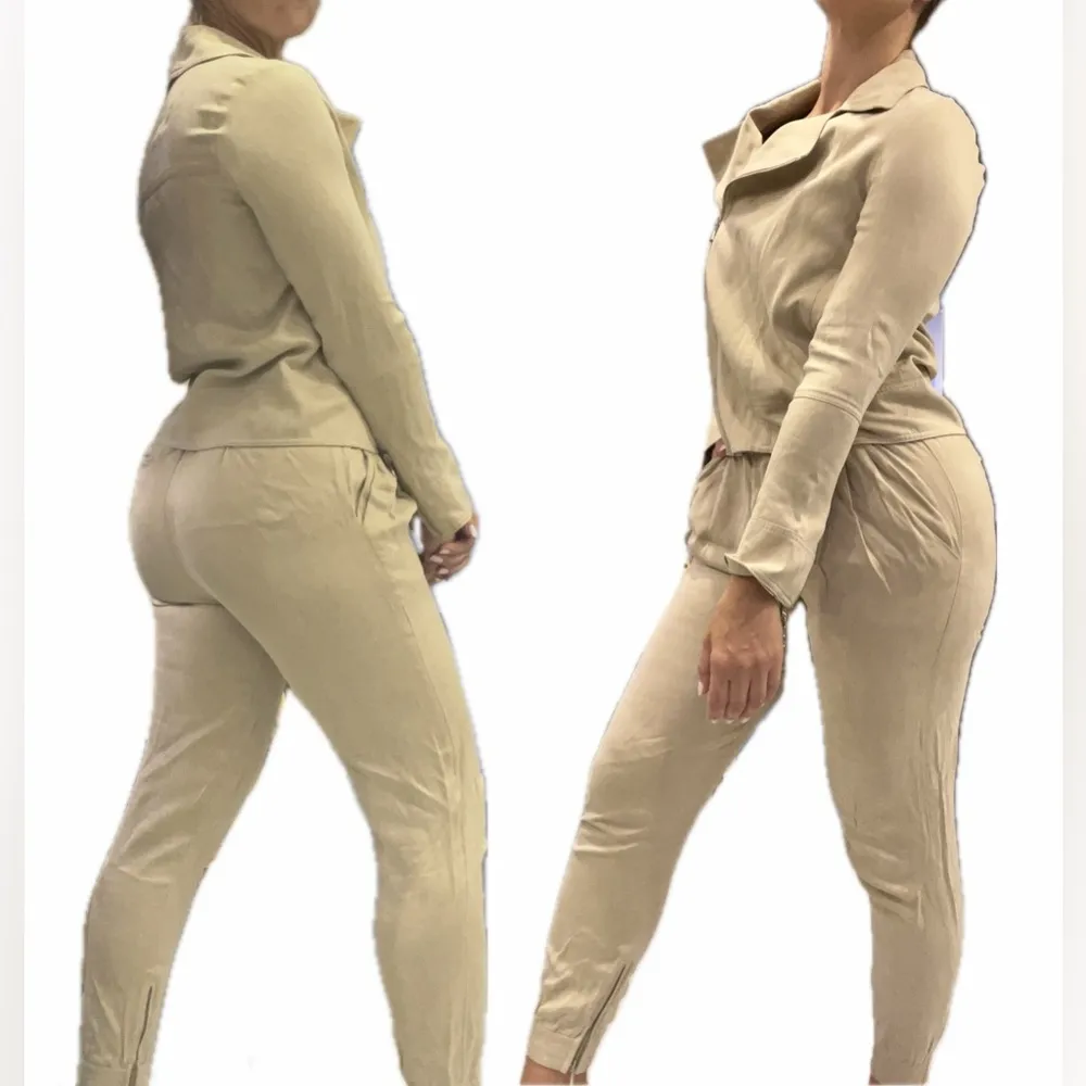 REISS Sofie Beige Neutral Asymmetrical Zip Biker Jacket and Pants - Image 3