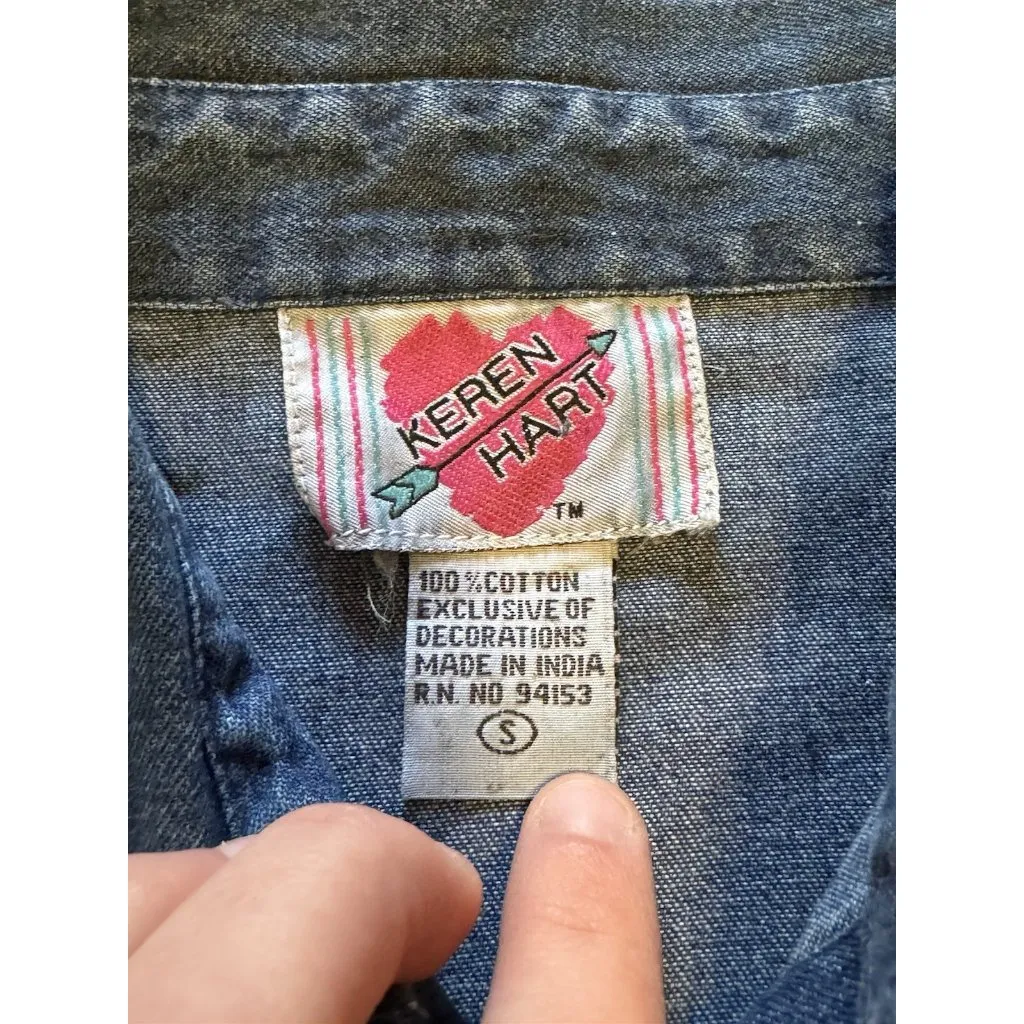 Keren Hart Denim Shirt Women Size Small Embroidered‎ Long Sleeve Safari Read Blue - Image 10