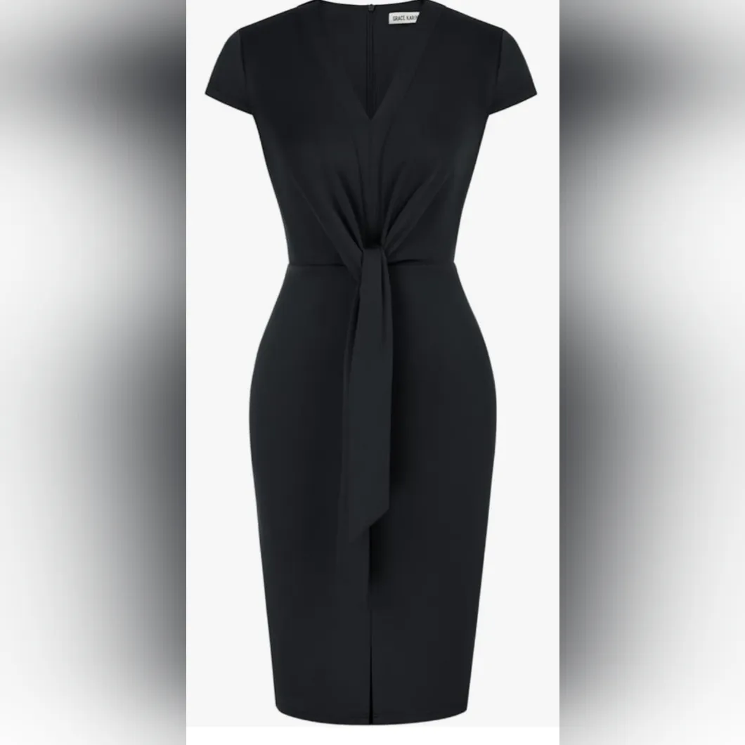 Grace Karin Black Midi Dress with Tie Front - Image 2