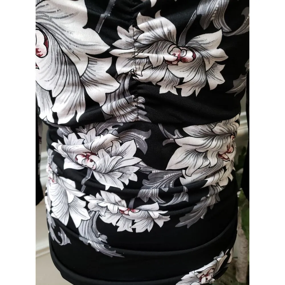 White House Black Market Blouse Women Medium Black White Floral V Neck Stretch - Image 6