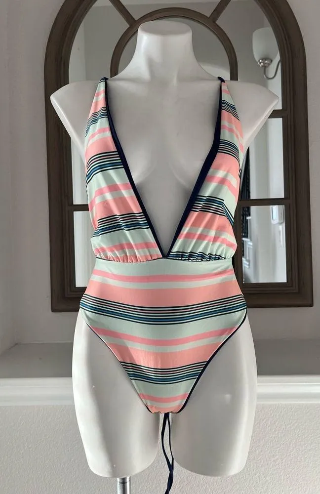 Maaji Safari Reversible Plunge One-Piece Swimsuit Stripe/Solid, Blue New w/Tag - Image 10