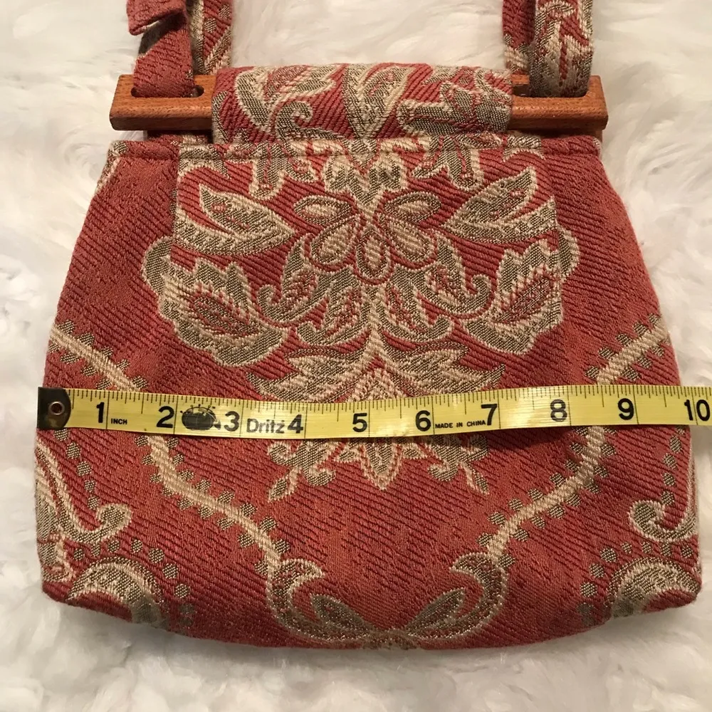 Fabric tapestry style shoulder bag purse wooden trim earth tones boho - Image 12