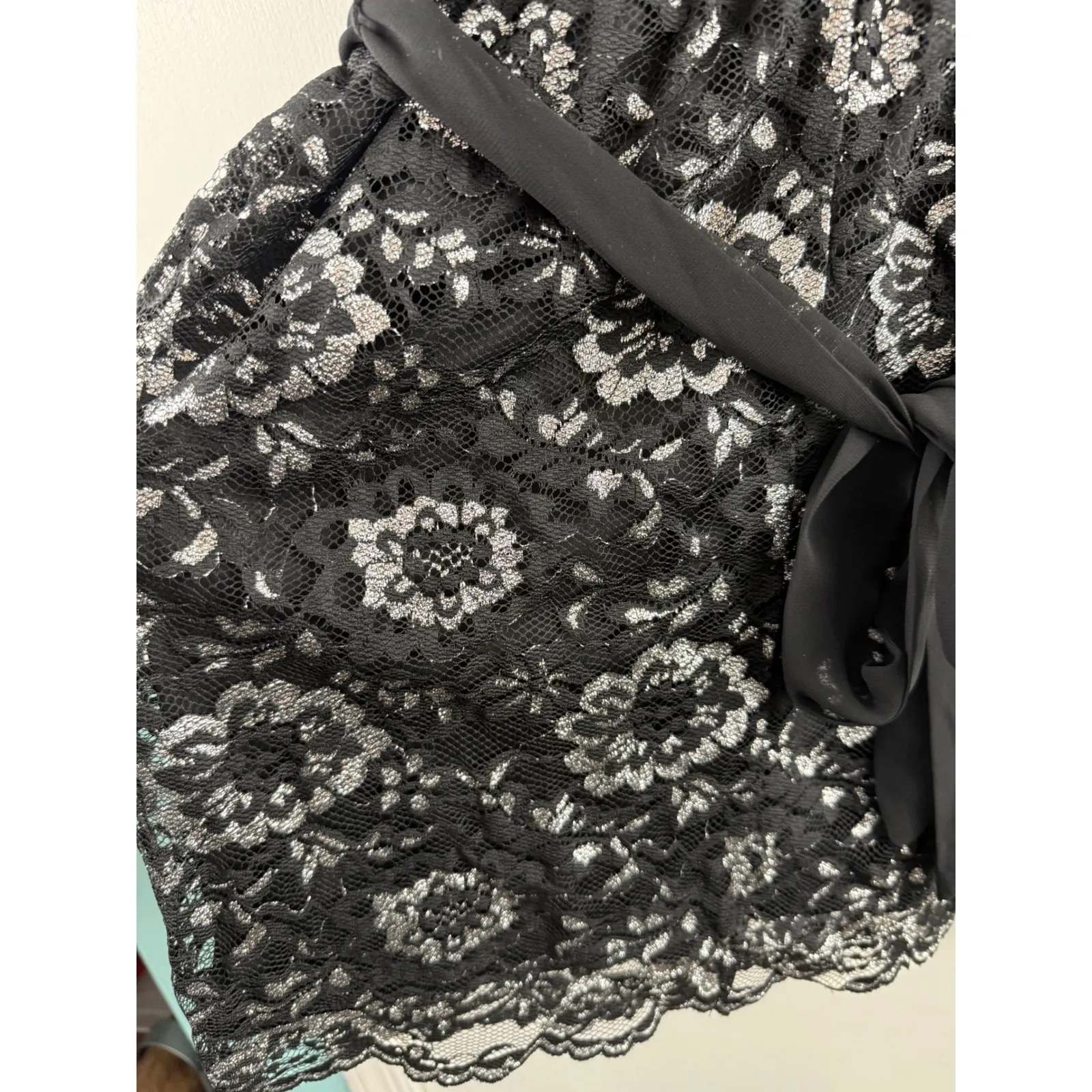 Candies Black Lace Overlay Dress with Sheer Cap Sleeves and Tie Waist Size S - Image 4