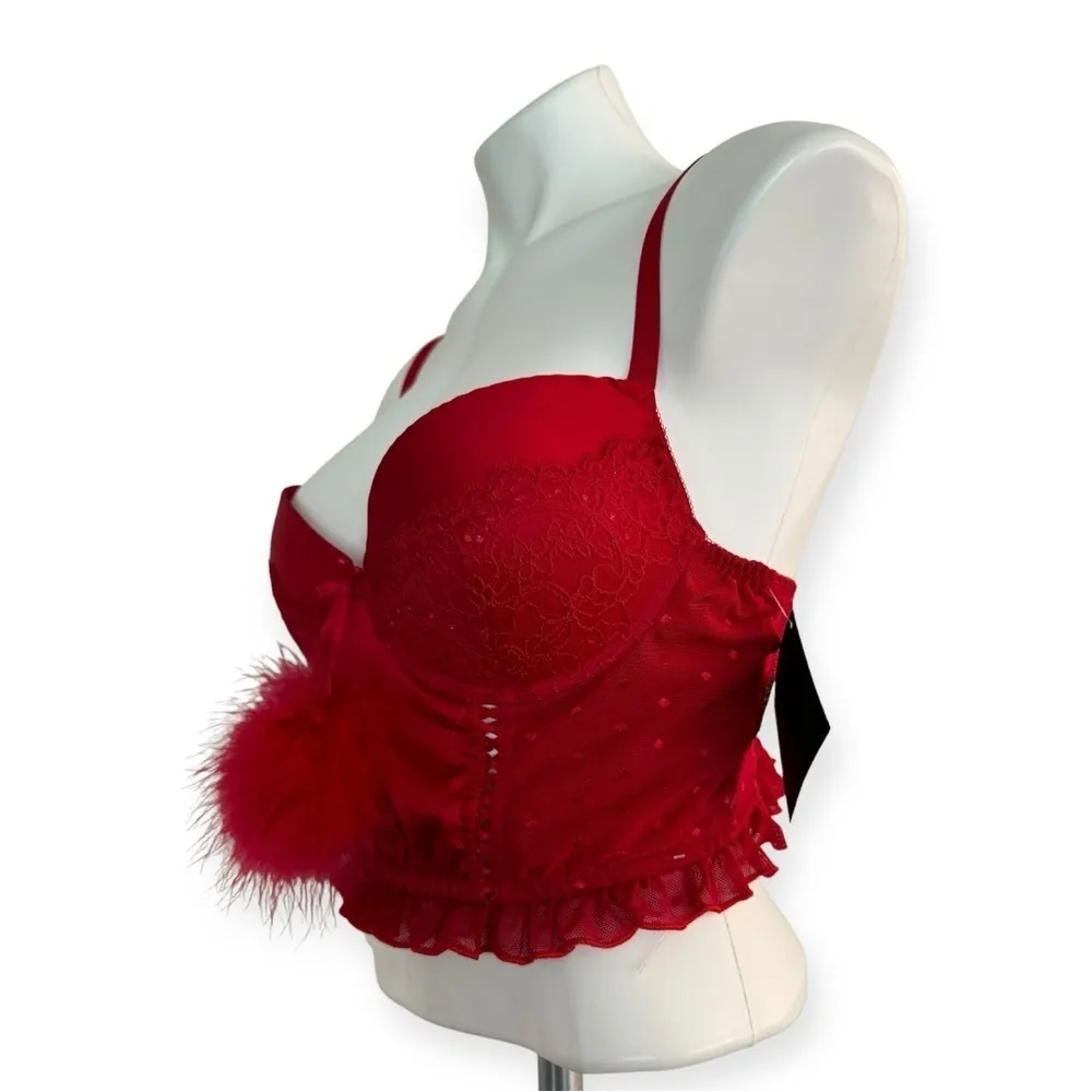 CINEMA ETOILE Seductive Wear Ruffle Hem Feather Bustier & Thong Set Red NEW Size L - Image 7