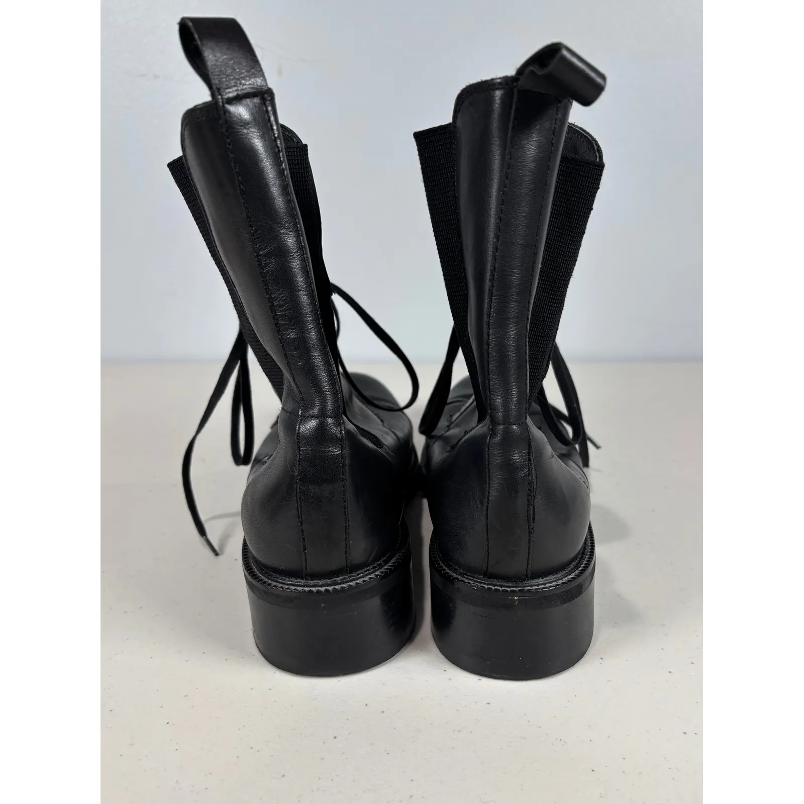 Charles David Black Combat Boots Women 10 Leather Stretch Lace Up Goth Emo $250 - Image 4