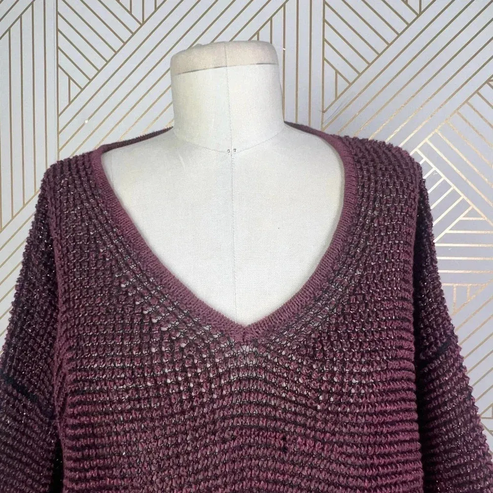 Isabel Marant Maroon Purple‎ Open Knit Linen Blend V-Neck Sweater Size 38 / US 6 - Image 3