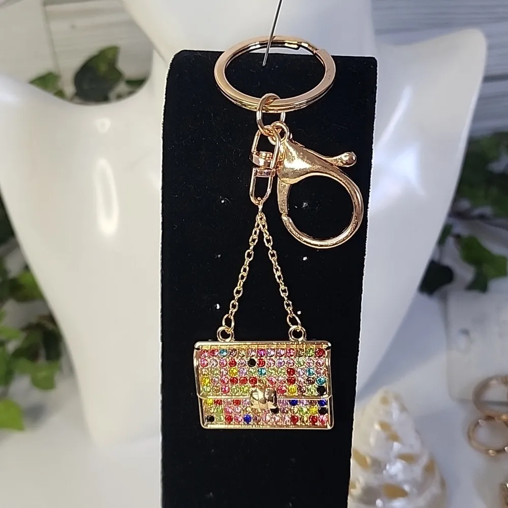 Gold with Multi Color Crystals Purse Charm Keychain New - Image 2