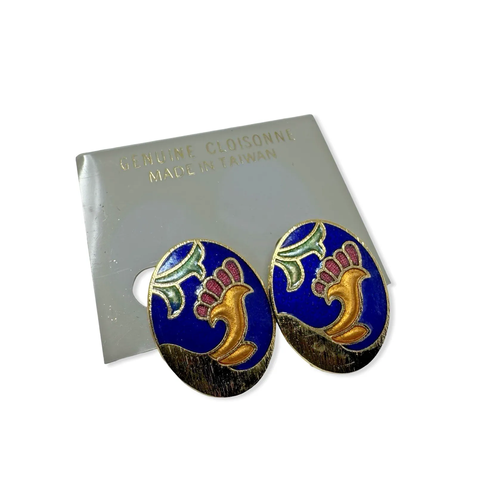 Vintage Cloisonné Clip On Earrings Floral Oval Gold Tone 1” Made Taiwan Blue - Image 5