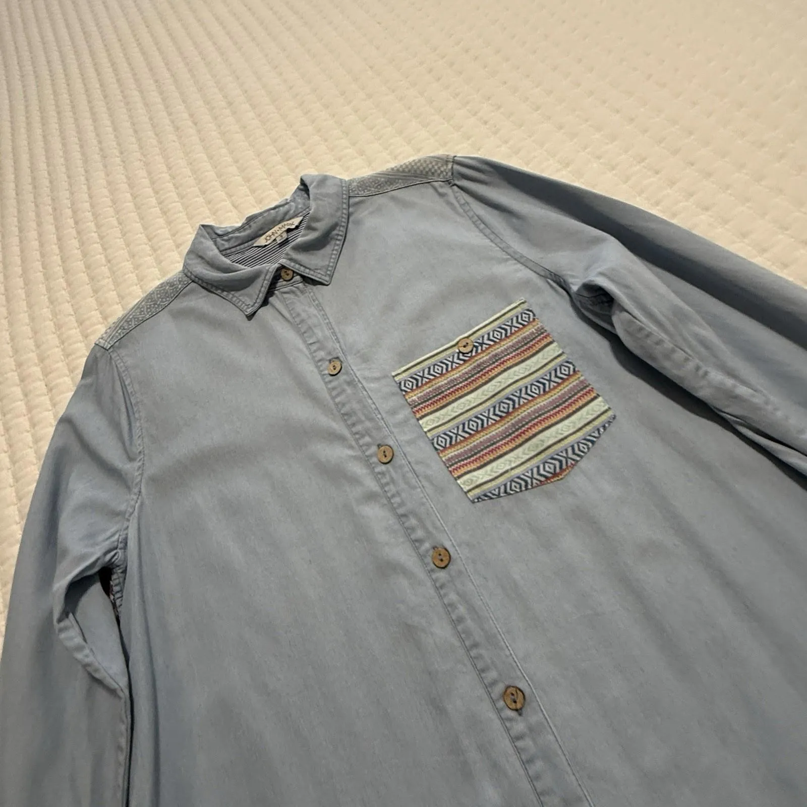 John Mark Blue Chambray With Boho Pattern Floral Blouse Shirt Top S Small - Image 11