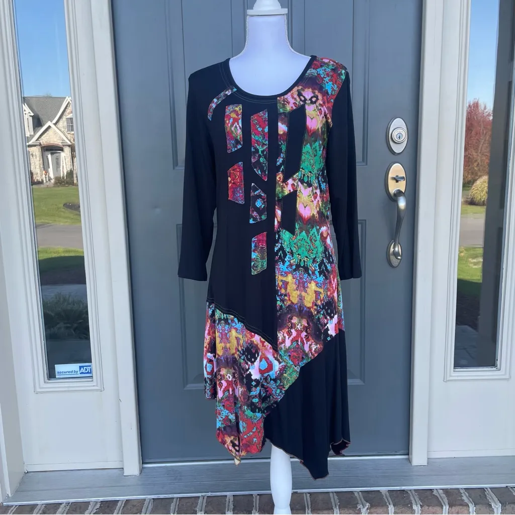 Parsley & Sage Artsy Patchwork Stripe Boho Jersey Dress Women’s Size Medium Black - Image 3