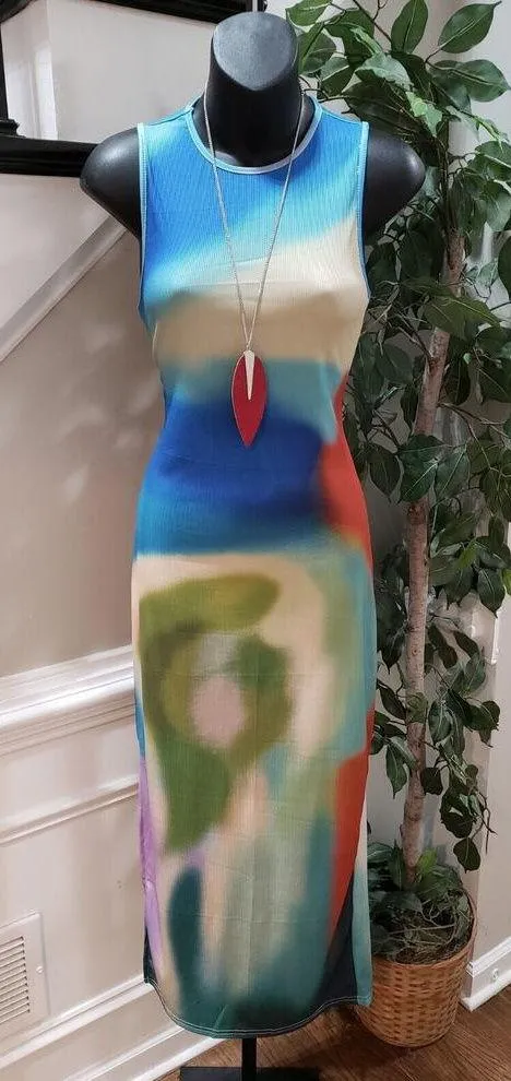 Womens Multi Tie Dye Cotton Side Slit Crew Neck Sleeveless Long Maxi Dress Small - Image 1