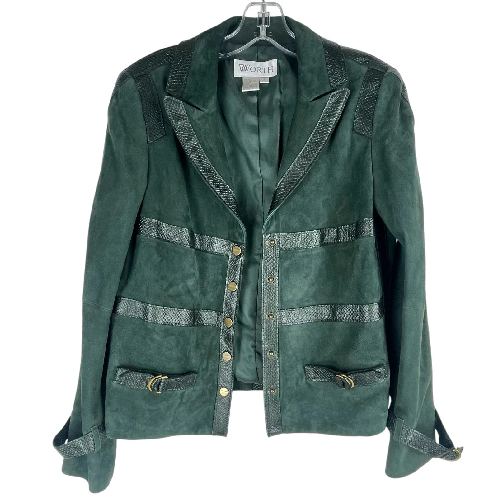 Worth NY Snake Leather Trim Suede Jacket Snap Button Dark Green Size 4 - Image 4