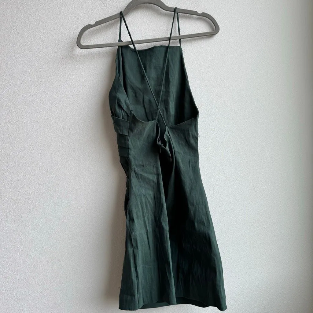 Zara Forest Green Linen High Neck Draped Vacation Party Mini Dress Size Large - Image 3
