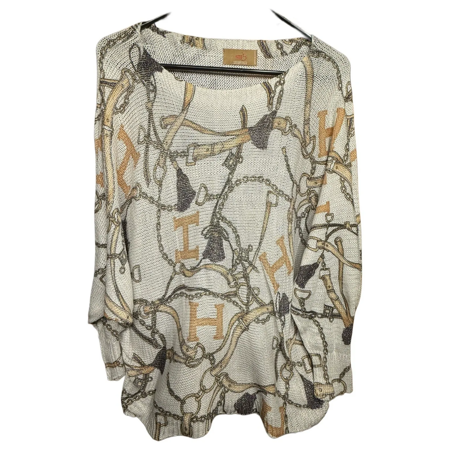 Free For Humanity Italian Equestrian Light Open Knit Sweater/Old Money, Horses L Brown Size L - Image 2